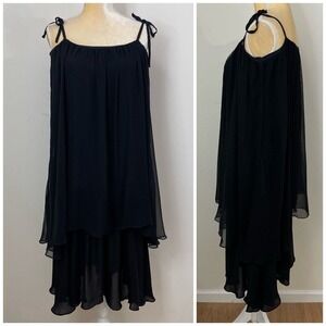 ANAGRAM Silk Tiered Swing Dress Size M Black Shoulder Tie